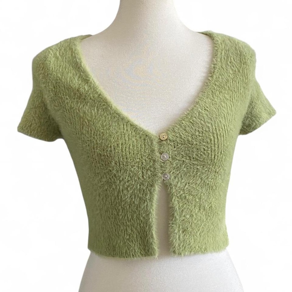 Kendall & Kylie cropped fuzzy green blouse